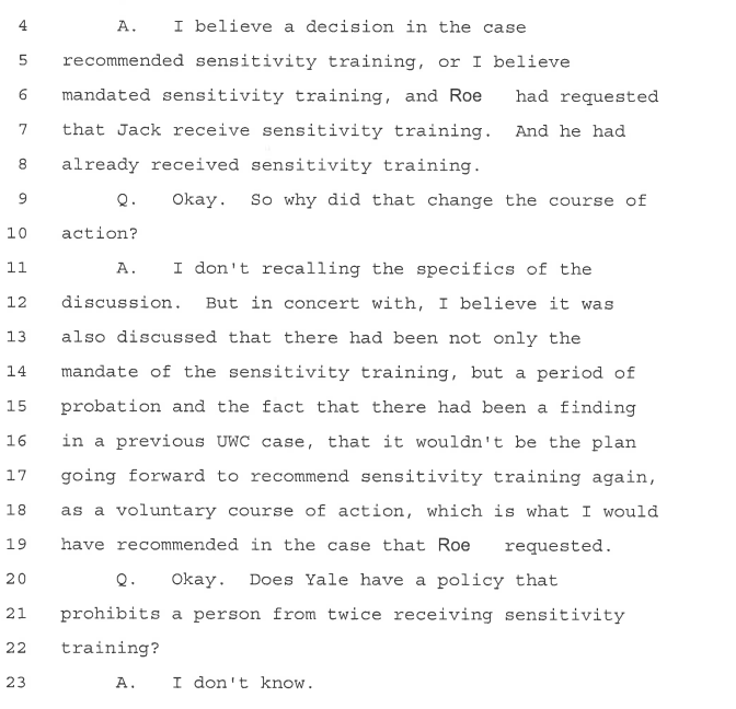 Gleason depo--moved from informal to formal bc already recd sensitivy training--then admits she doesnt know if Yale says cant rec sen training 2wice