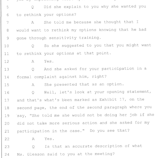 Montague accuser depo--concedes that TIX officer urged her to rethink her options about filing only informal complaint