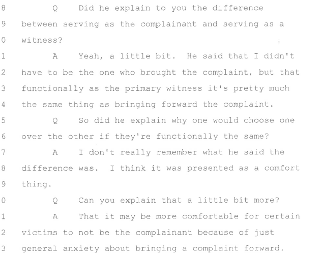 Montague accuser depo--TIX offl told her TIX office could file for comfort purposes--despite Yale policy