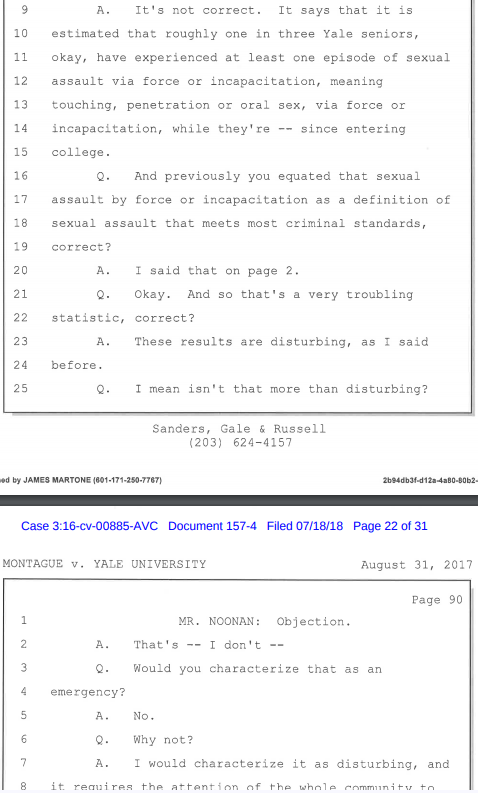 Spangler depo--report that 1-3 of Yale female undergrads sexl assault victims disturbing but not an emergency