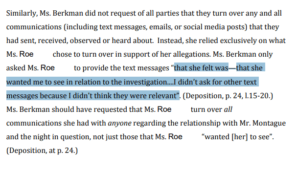 Yale invr only asks for texts that accuser wanted her to see